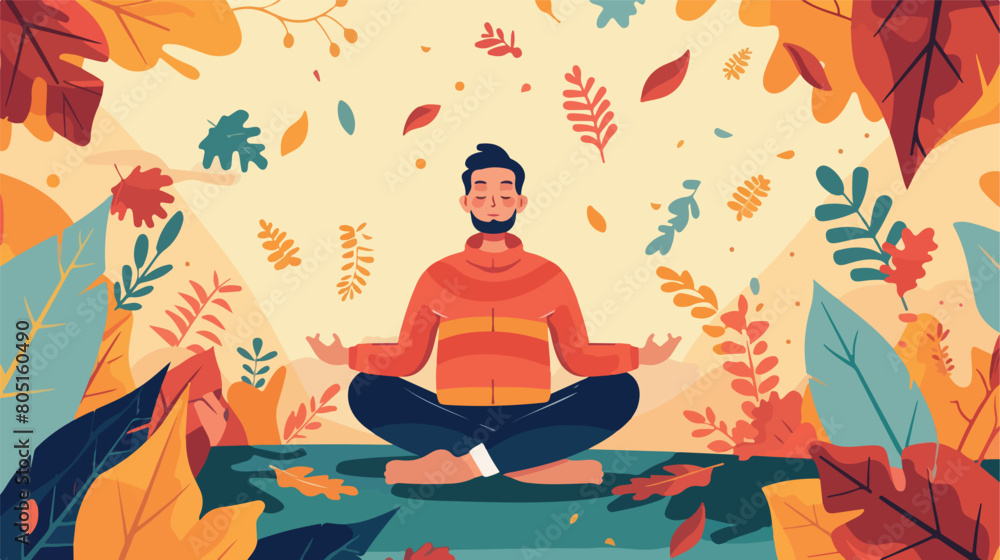 Man meditating in nature and leaves. Concept illustration