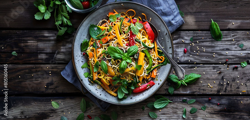 A top-down view of a colorful medley of vegetables mixed with Kasspatzln noodles. photo