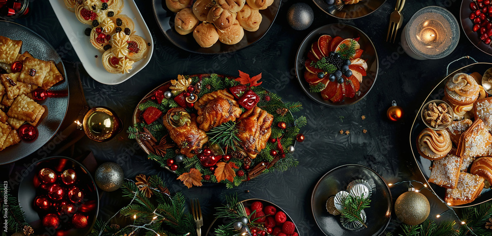 A top-down view of a festive table spread featuring platters of crispy Backhendl.