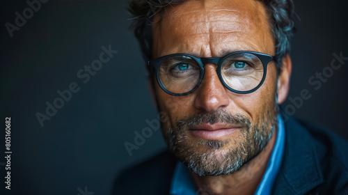 A professional studio portrait capturing the confident demeanor of a distinguished CEO, adorned with glasses photo