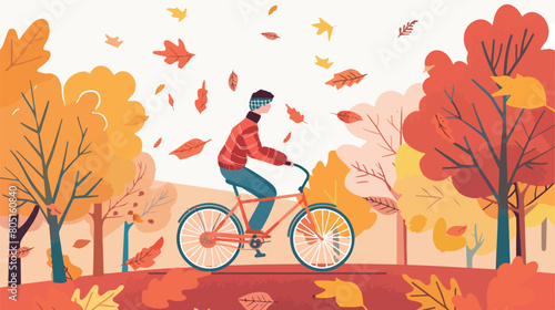 Man riding bike in the park in autumn. Cute illustration