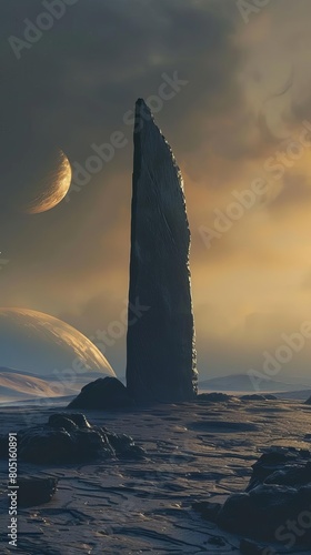 Show a solitary monolith on a moonlike barren landscape with a distant planet rising in the background photo