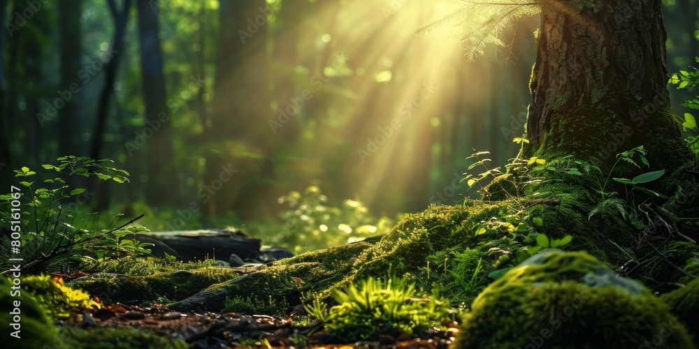 Obraz premium A tree with moss growing on it and a bright sun shining on it