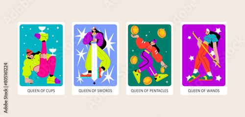Tarot cards flat deck cartoon. Minor Arcana Suit of Queen of Cups, Swords, Pentacles and Wands Tarot Cards.