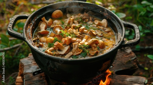 mushroom soup is cooked against the background of nature photo