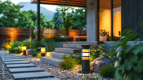 Solar lamp in the backyard of a house mounted on an outdoor garden wall illuminating the pathway leading to the entrance photo