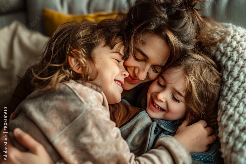 Warm and Joyful Family Moment Captured Indoors: A Smiling Mother Embraces Her Two Happy Children, Reflecting the Love, Comfort, and Cheerful Bonding in a Cozy, Candid Lifestyle Setting