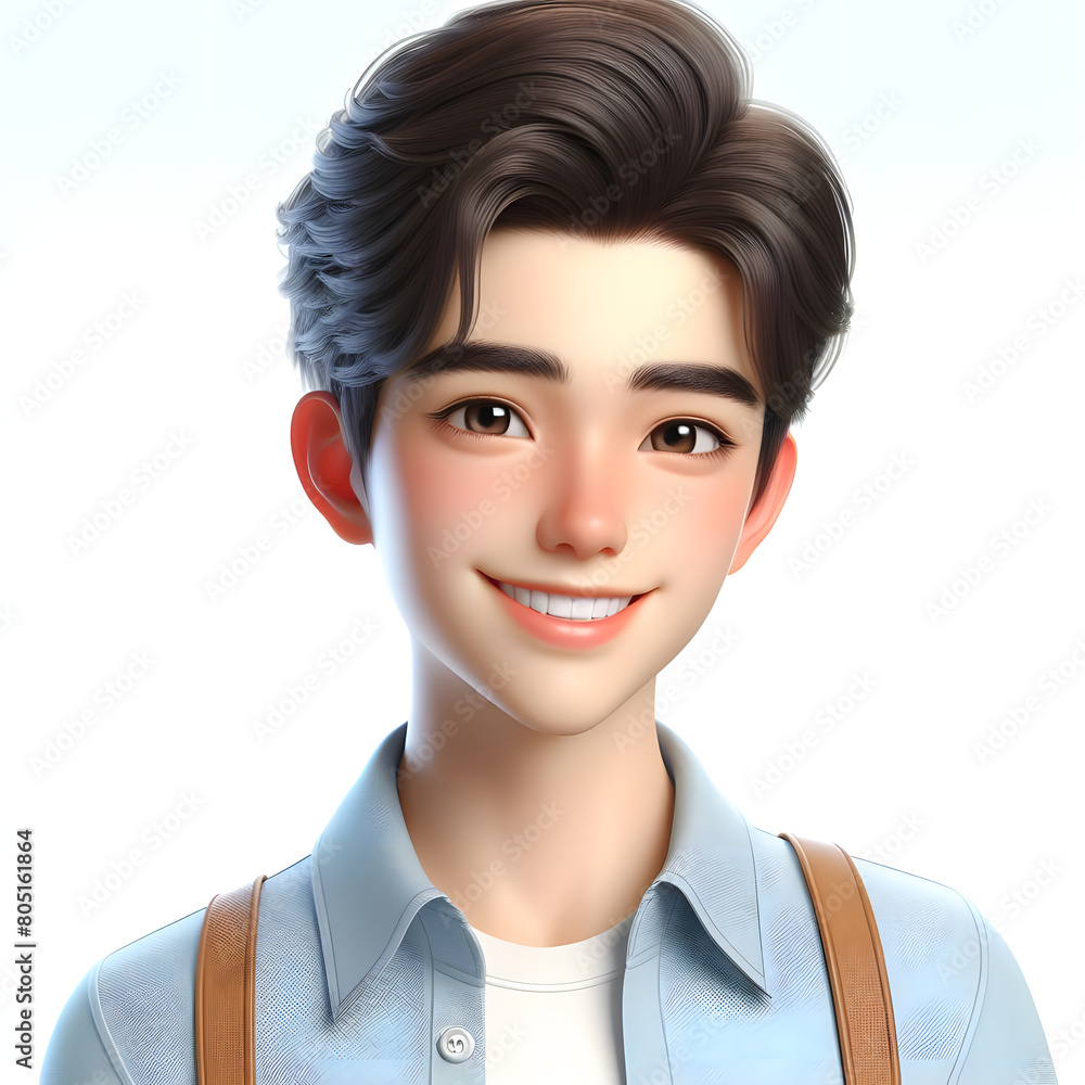 Happy Asian cartoon character boy, young man portrait, male, Smile, Happy mood, feeling expression concept, Isolated on a white background Happy Asian cartoon character boy, young man portrait, male, Smile, Happy mood, feeling expression concept, Isolated on a white background