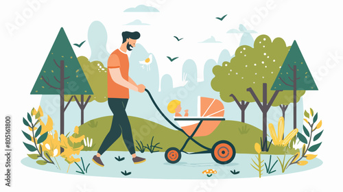 Man with a baby carriage in the park. Illustration in photo