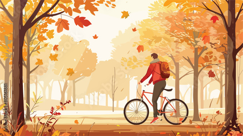 Man with a bike in autumn. Vector illustration in fla
