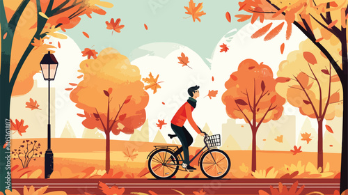 Man with a bike in autumn. Vector illustration in fla