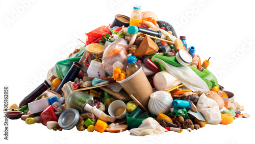 A mountain of garbage with a transparent background. Colorful mixed waste pile with plastics, food, and containers, highlighting recycling and pollution issues. 