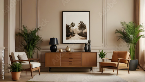 Vintage interior design of living room with stylish retro furnitures, a lot of plants, commode, black clock and brown poster mock up frame on the beige wall. Stylish home decor. Template. © AL AMIN
