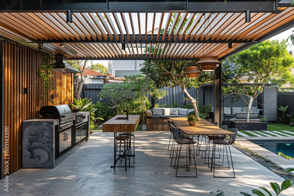Fototapeta premium modern outdoor kitchen with grill, table and bar in the backyard of an urban home with wooden slats on one wall