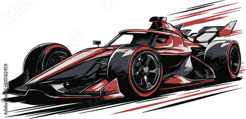  a stylized illustration of a modern, sleek racing car with prominent aerodynamic features and a red and black color scheme.