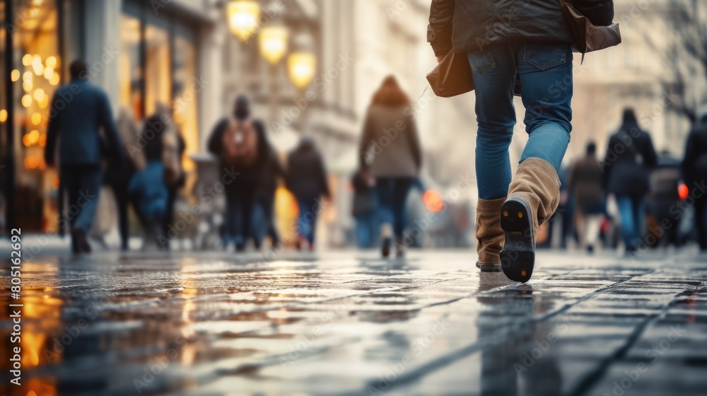 Motion blurred people legs crossing the pedestrian