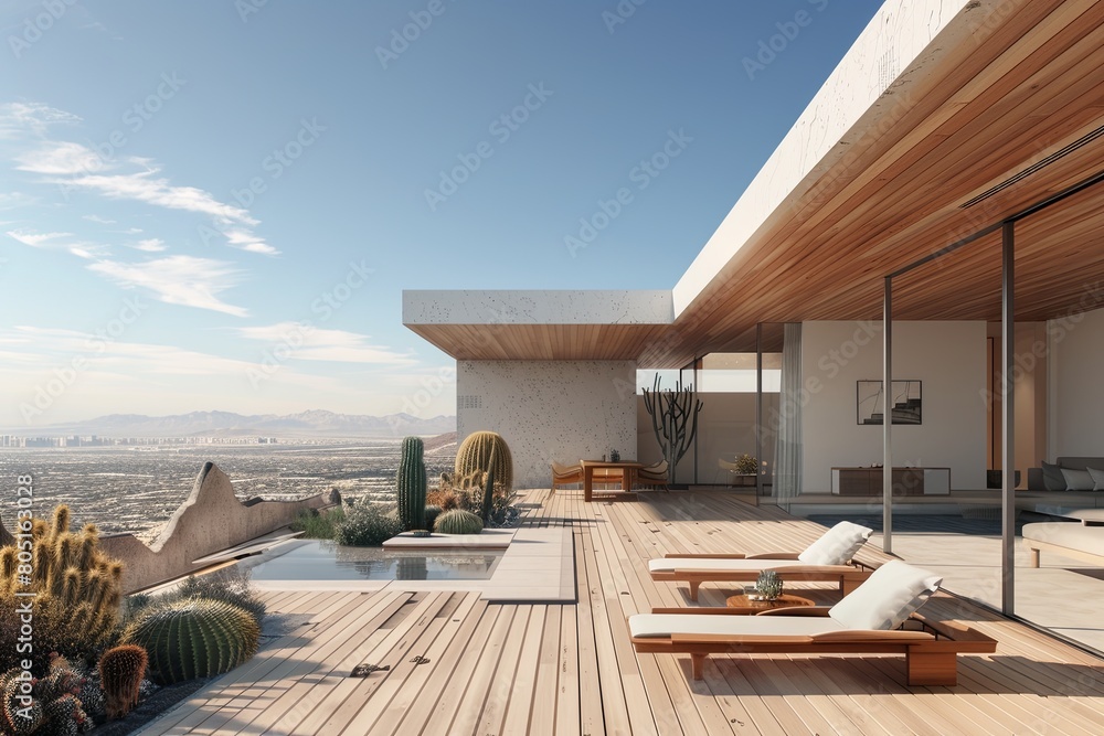 minimalistic rooftop terrace with a wooden floor and white walls, lounge chairs on the right side of the photo, a blue sky in the background minimalistic rooftop terrace with a wooden floor and white walls, lounge chairs on the right side of the photo, a blue sky in the background