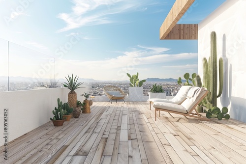 minimalistic rooftop terrace with a wooden floor and white walls, lounge chairs on the right side of the photo, a blue sky in the background © K'kriang Krai