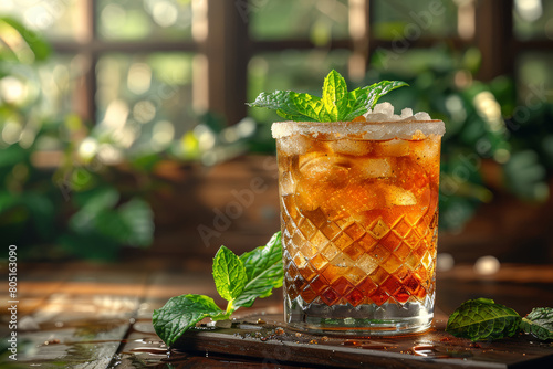 A refreshing mint julep cocktail, muddled with fresh mint leaves, sugar, and bourbon for a cool and classic Southern sipper. Concept of Kentucky tradition. Generative Ai. photo