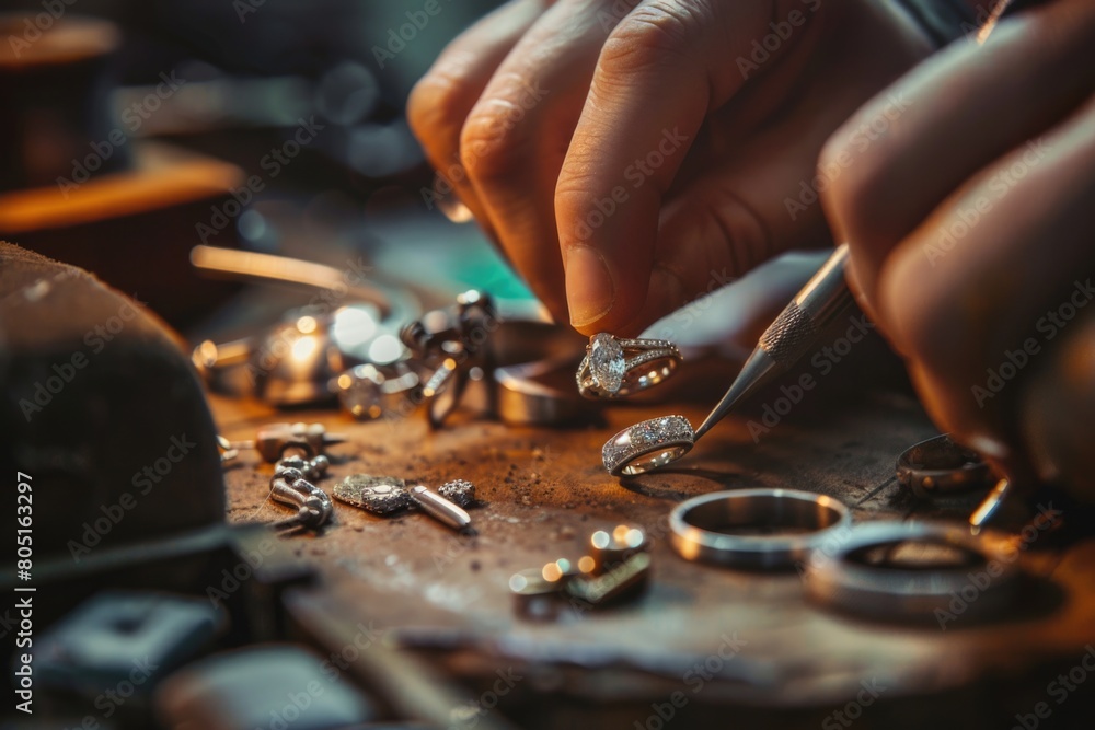 Hand with Tool. Adult Jeweler Crafting Beautiful Ring at Table, Closeup View Hand with Tool. Adult Jeweler Crafting Beautiful Ring at Table, Closeup View