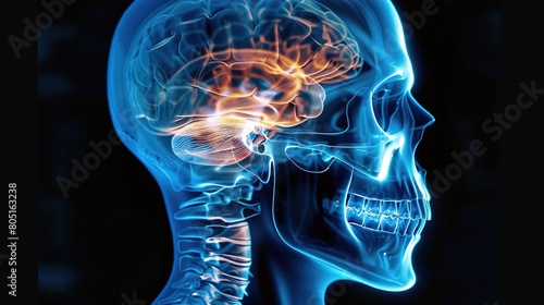 medical illustration of the human brain and skull in blue x-ray style, showcasing neurological health and brain structure for educational use