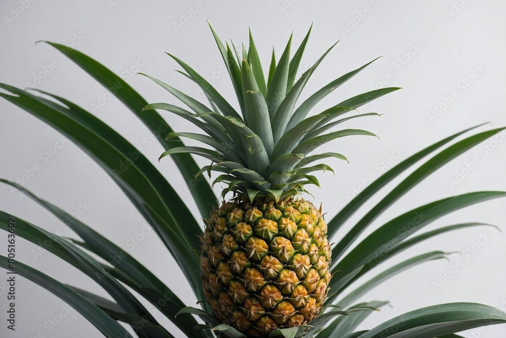 A shot of a pineapple plant showcasing the vibrant green leaves and the developing pineapple fruit A shot of a pineapple plant showcasing the vibrant green leaves and the developing pineapple fruit