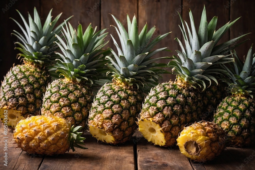 Whole pineapples arranged on a rustic wooden table Whole pineapples arranged on a rustic wooden table