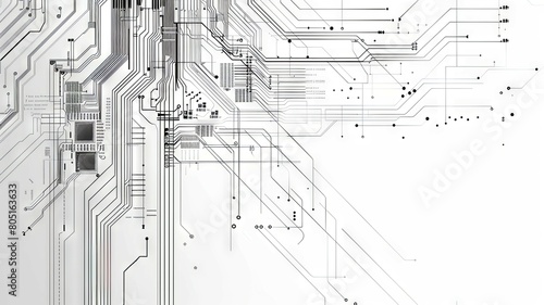 This image depicts a minimalist and abstract representation of electrical circuits and technical schematics The design features clean monochrome line drawings of various interconnected components photo