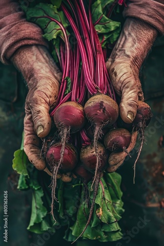 a beet in the hands of a man. selective focus