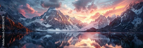 A breathtaking view of towering snow-capped mountains reflects upon the pristine surface of an alpine lake during the golden hour. The high-contrast details create a sense of awe and wonder, evoking photo