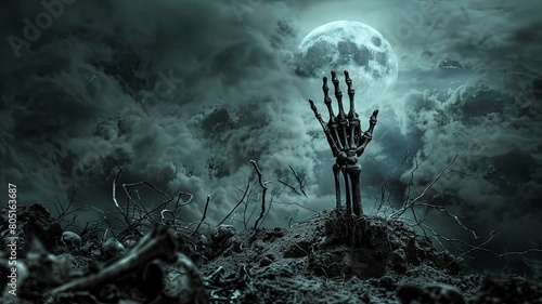 A haunting image of skeletal remains clawing their way out of the ground, set against the backdrop of an ominous, moonlit sky filled with dark clouds. The high-contrast texture and ample copy space photo
