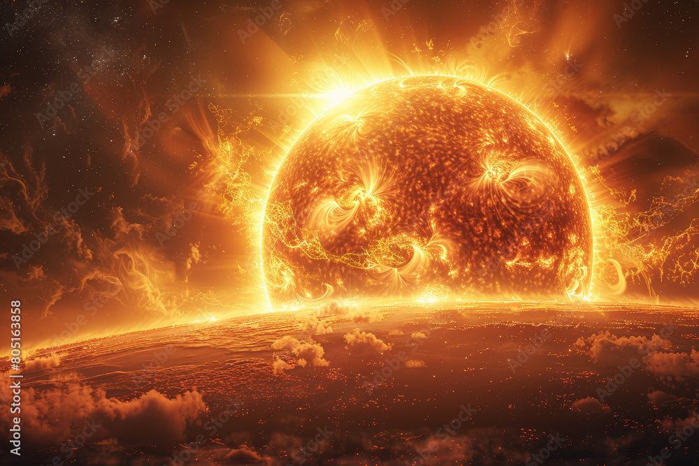 Obraz premium A radiant sun radiating warmth and light, providing energy for life to flourish on the newly formed planet. Concept of stellar influence. Generative Ai.