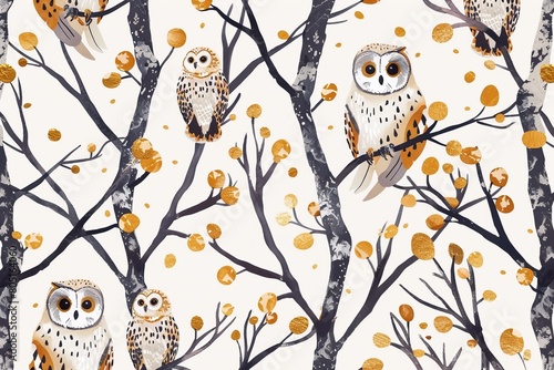 Cute owl pattern gold lines. Seamless pattern with tree branches and forest birds owls. illustration art. Natural design for textiles, paper, wallpapers. Print of gold foil.