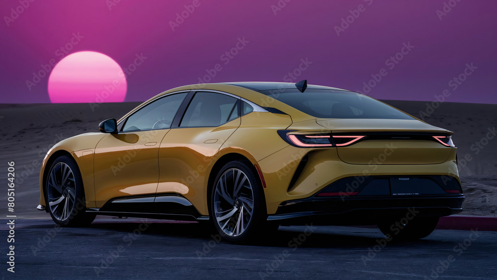 Yellow new modern car with pink sunset in background