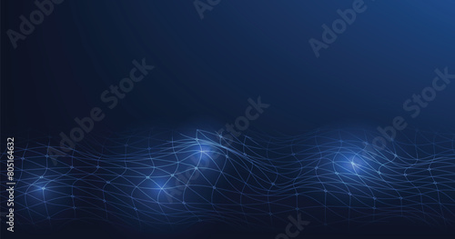 Geometric mesh lines on a dark blue background. Wave with connected dots and lines.Geometric abstract background with simple Wave elements.	