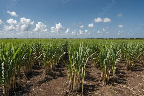 A panoramic view of a vast sugarcane plantation under a clear blue sky, with rows of tall sugarcane stalks stretching into the distance