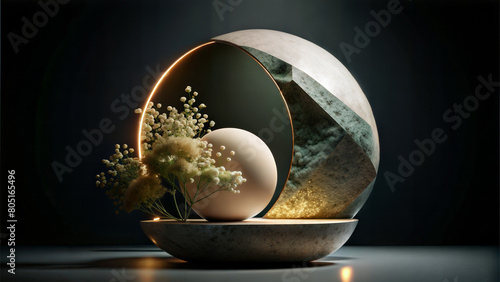 Artistic still life of a textured sphere, half in shadow, half in light, with delicate flowers and a glowing circle. Stone interior installation , flower pot concept. photo