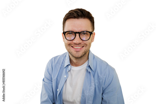 Portrait of a man with glasses looking at the camera smiling, cut out background