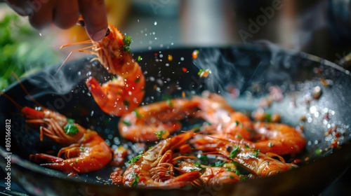 Food In Pan. Professional Cook Prepares Shrimps with Sprigg Beans in Eastern Kitchen