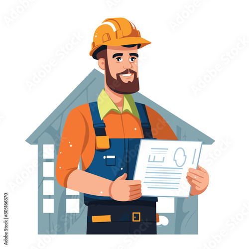 Bearded construction worker presents plan, smiling contractor displays blueprint, happy builder hard hat showing project documents. Male professional safety gear holds construction paperwork