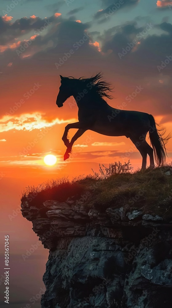 A wild horse stands on a cliff, silhouetted against the setting sun. The horse is in mid-stride, its mane and tail flowing in the wind