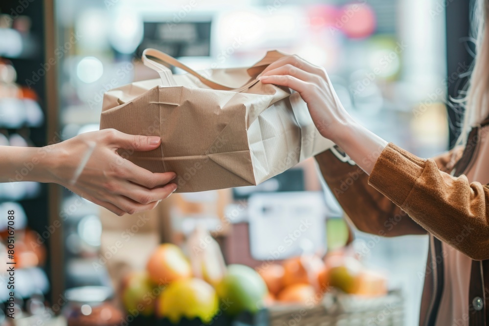 Customer Shopping. Retail Sale with Young Female Store Owner Handing Bag to Client Customer Shopping. Retail Sale with Young Female Store Owner Handing Bag to Client