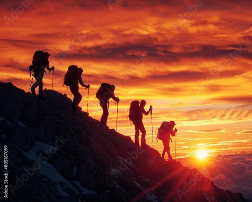 A group of hikers ascend a steep mountain as the sun sets behind them