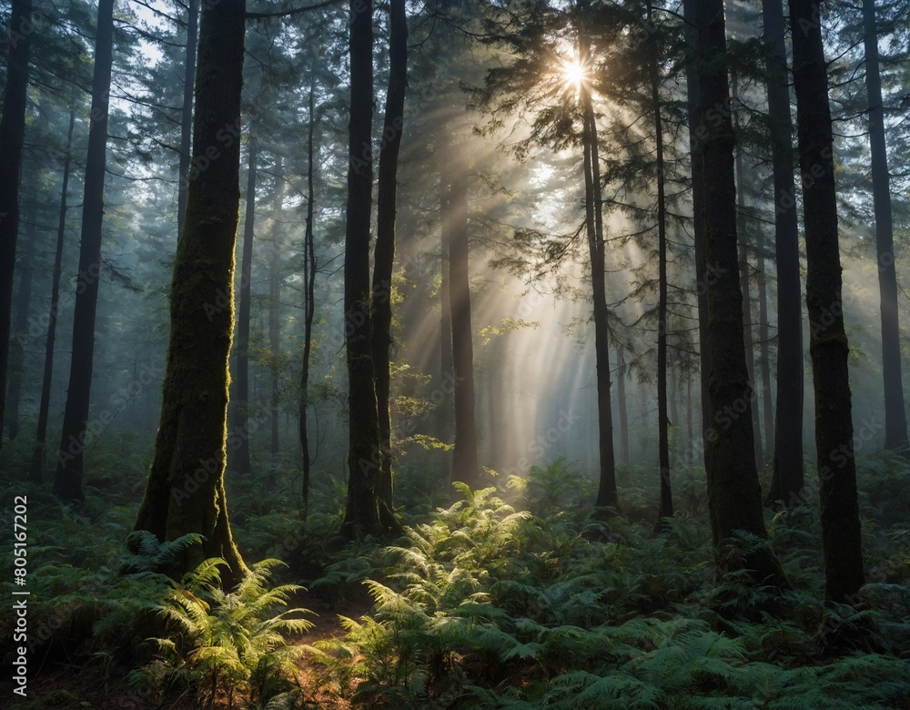 Wander through a misty forest landscape, where sunlight filters through the canopy of trees.
