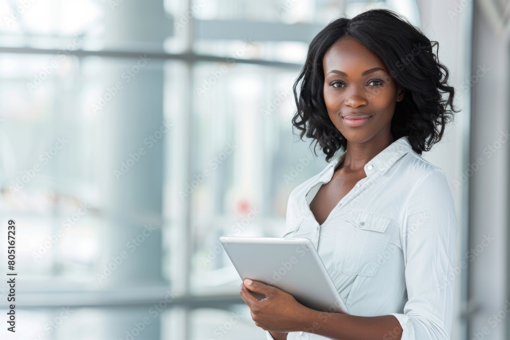 Tablet Person. Beautiful African American Businesswoman Using Tablet in Background