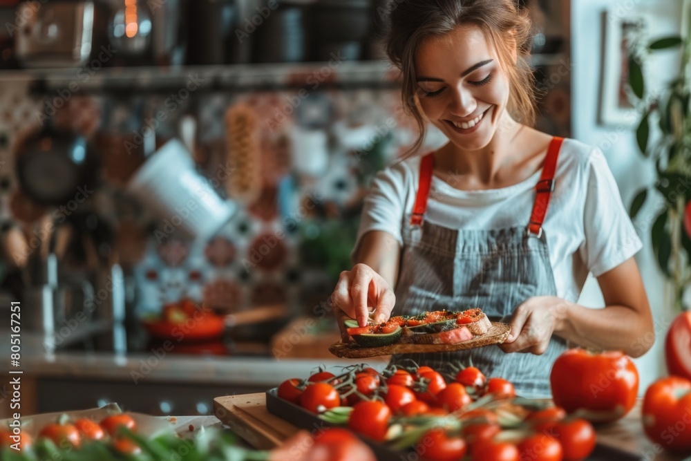 Making Food: Young Happy Woman Cooking Delicious Avocado Bruschetta in Domestic Kitchen