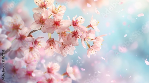 cherry blossom in spring, sakura flowers on blue sky background © uut