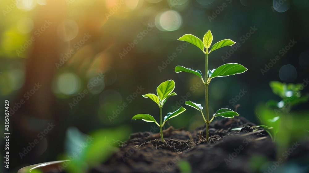 Two young plants growing in the soil towards the sunlight. The concept of new life, growth, and hope Two young plants growing in the soil towards the sunlight. The concept of new life, growth, and hope