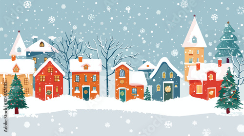 Merry christmas winter houses with snow cute vector illustration