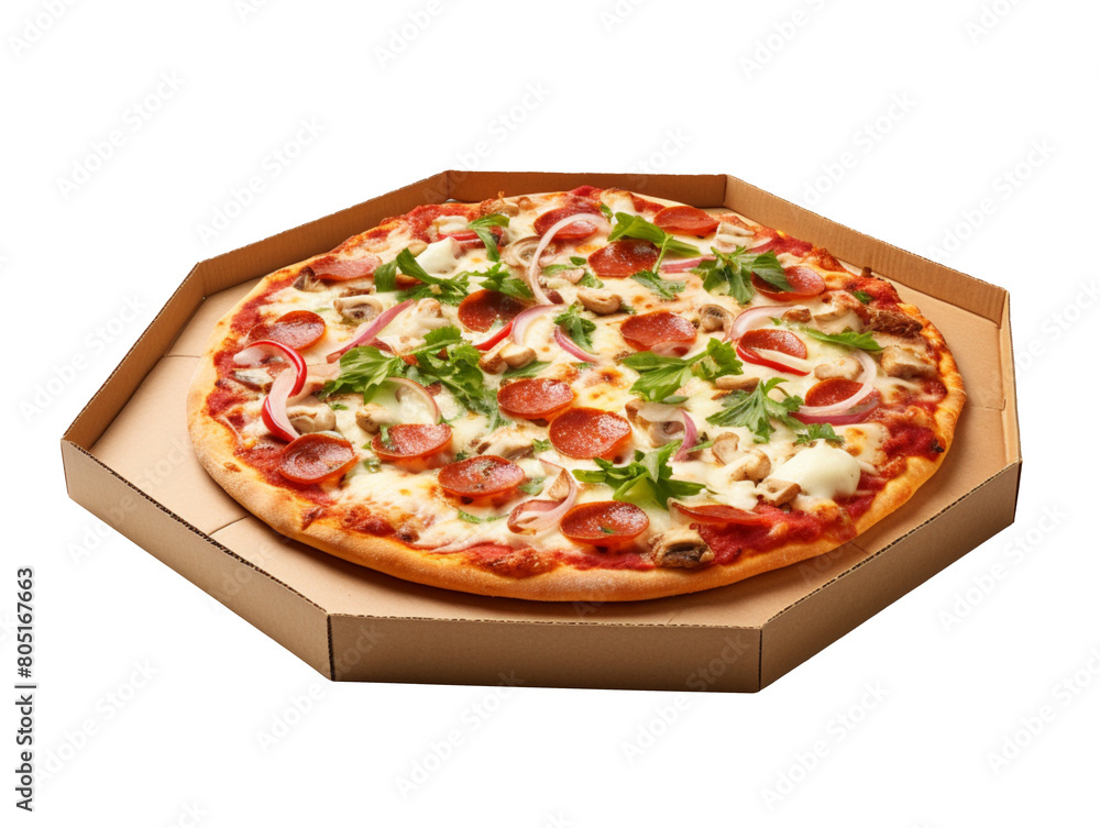 Delicious italian pizza in cardboard box isolated on transparent background